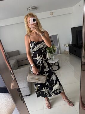 Black Floral Midi Slip Dress with Ivory Botanical Print